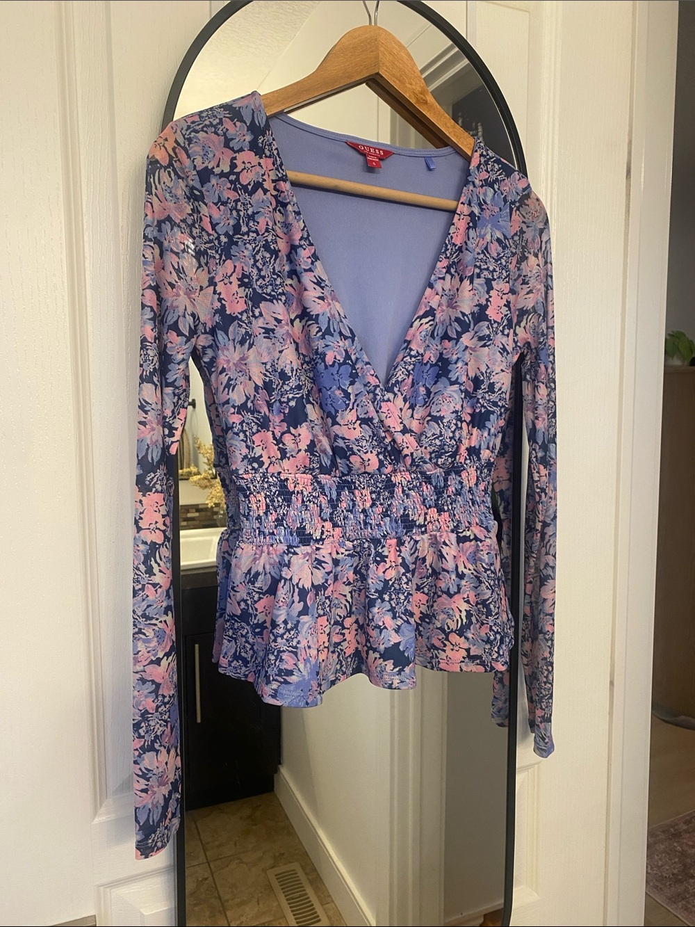 GUESS SMALL Floral Wrap Peplum Top in Blue and Pink